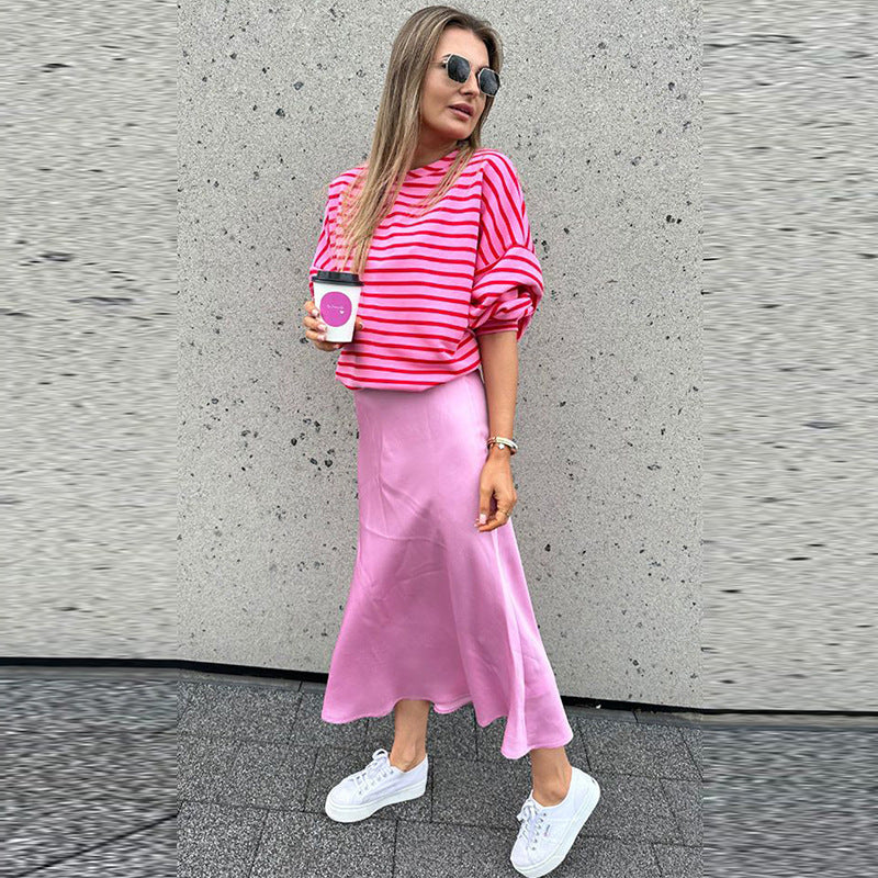 Women's Striped Loose All-match Round Neck Pullover Sweater