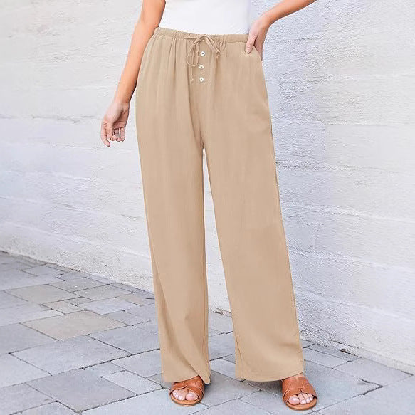 High Waist Button Drawstring Loose Casual Summer Wide-leg Pants With Pockets