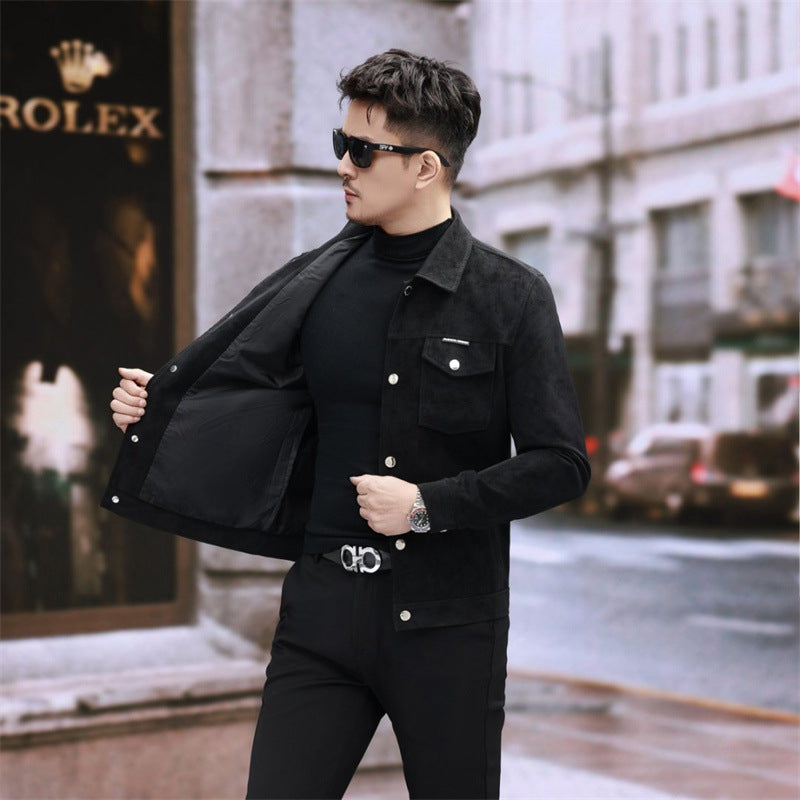 Suede Leather Jacket Men's Slim-fit High-grade Pu Handsome Retro Biker's