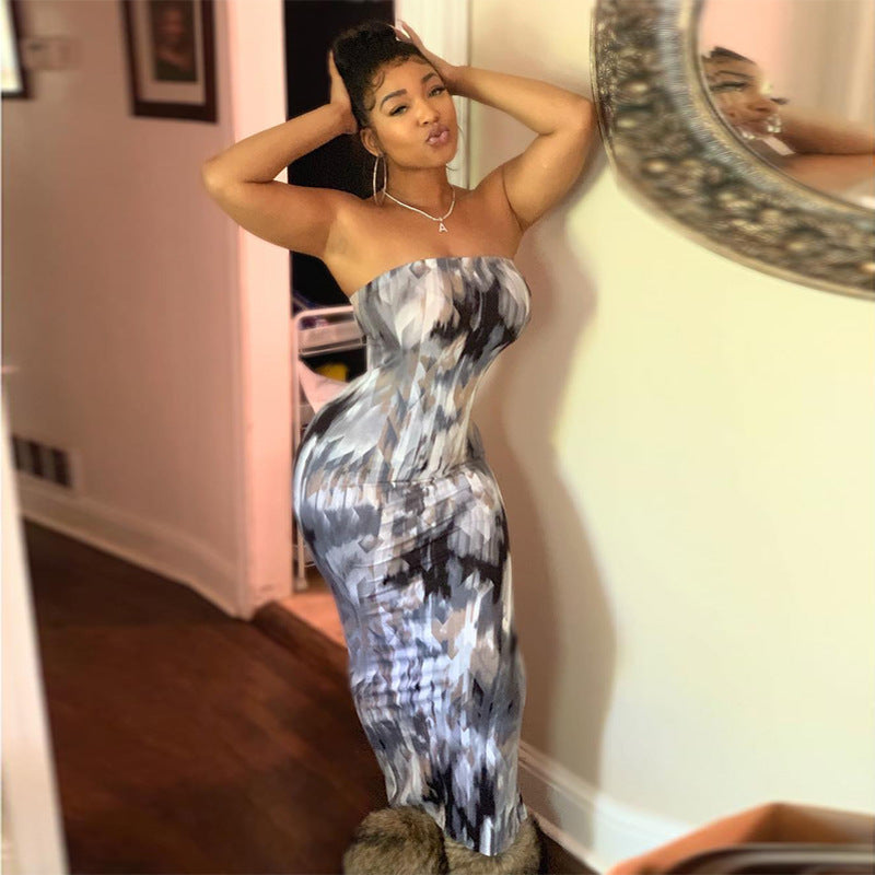 Women's Color Tie-dyed Off-shoulder Tube Coat And Dress