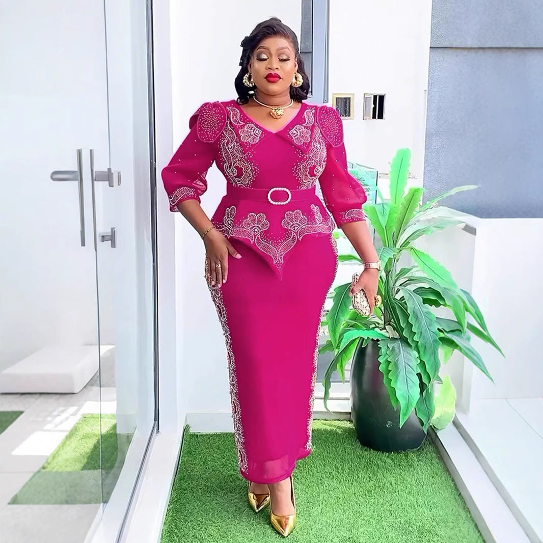 African Plus Size Fashion Rhinestone Christmas Evening Dress