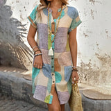 Women's Summer Geometric Print V-Neck Button Down Sundress Short Sleeve Casual Dress