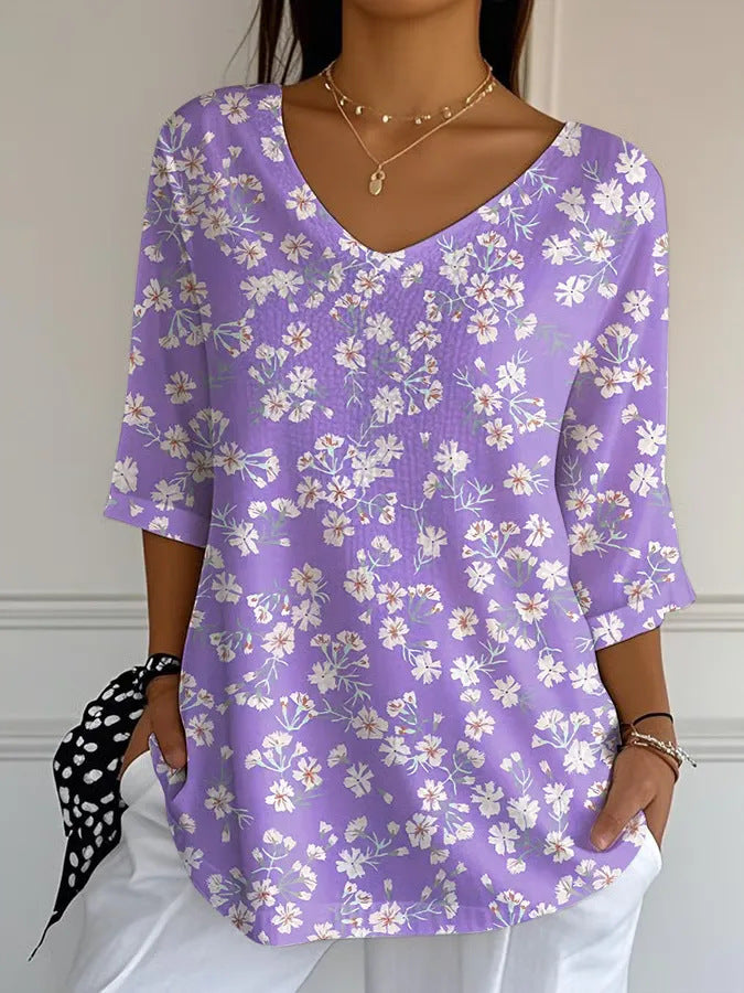 New 3D Printed Women's European And American Fashion Floral V-neck Shirt Top