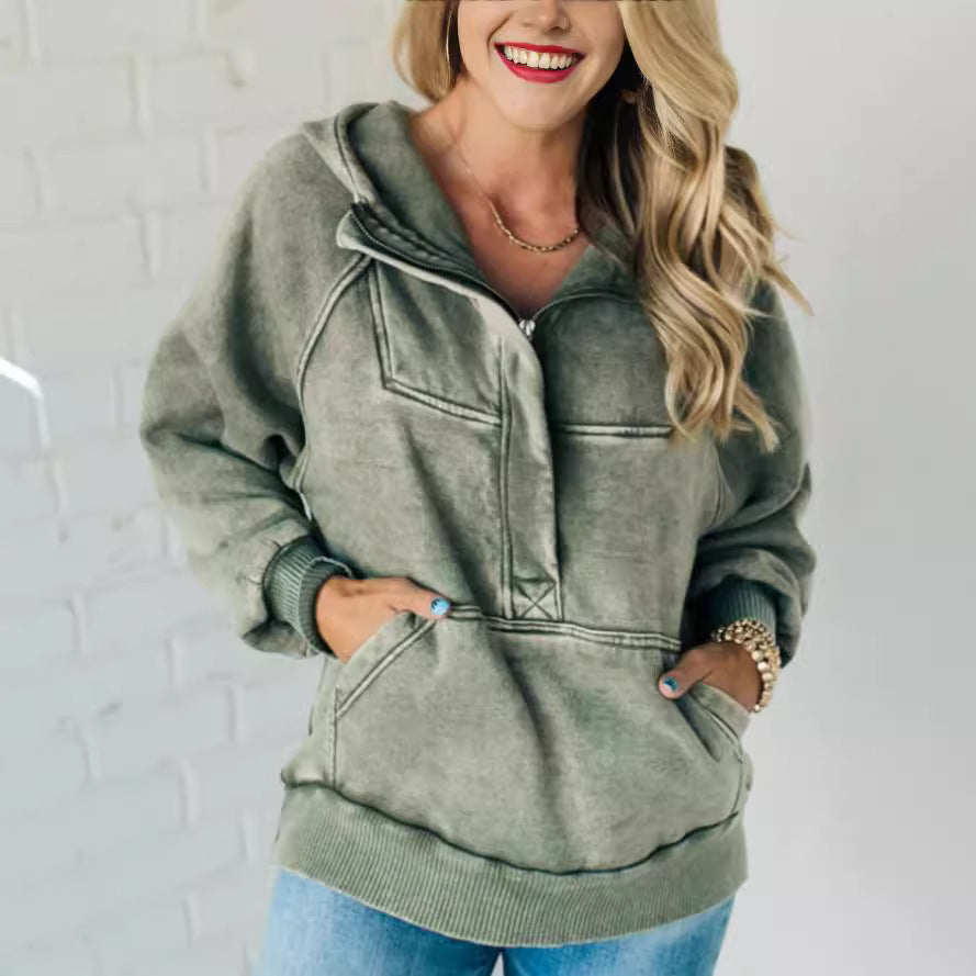 Women's Half Zipper Wash Hoodie Sweatshirt Sweater