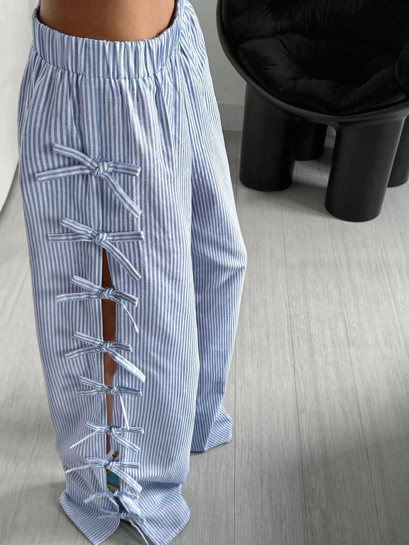 Waist Side Tie Bow Striped Wide Leg Pants