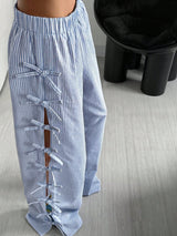 Waist Side Tie Bow Striped Wide Leg Pants