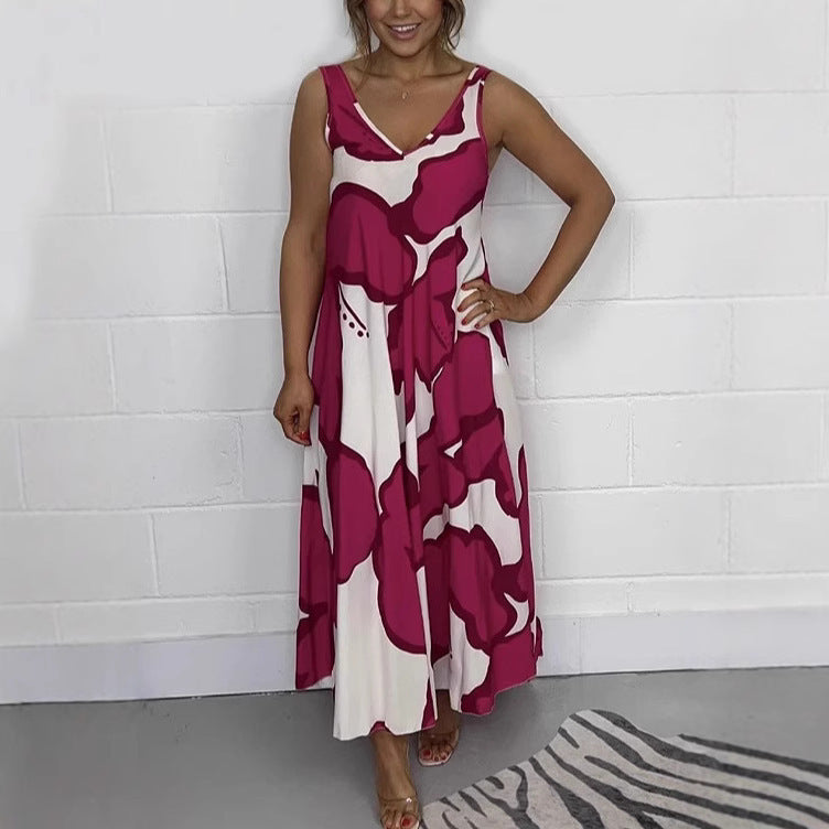 Casual Loose-fitting Women's V-neck Print Dress