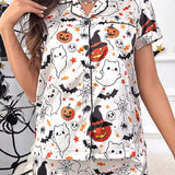 Women Halloween Satin Pajama Set Ghost Pumpkin Print Top With Shorts Sleepwear