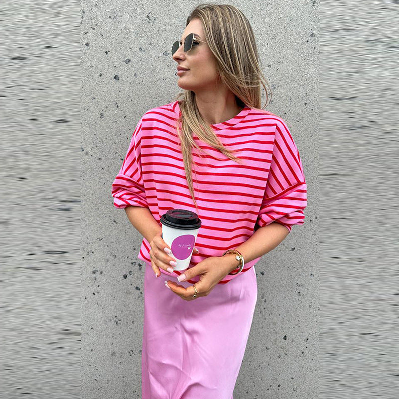 Women's Striped Loose All-match Round Neck Pullover Sweater