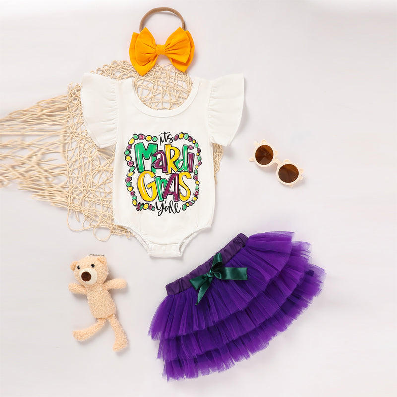 Baby Girl's 2-Piece Set Letter Print Onesie With Elastic Waist Tulle Skirt And Bow