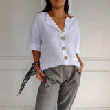 Loose-fit Women's V-neck Cotton-Linen Button T-shirt Top
