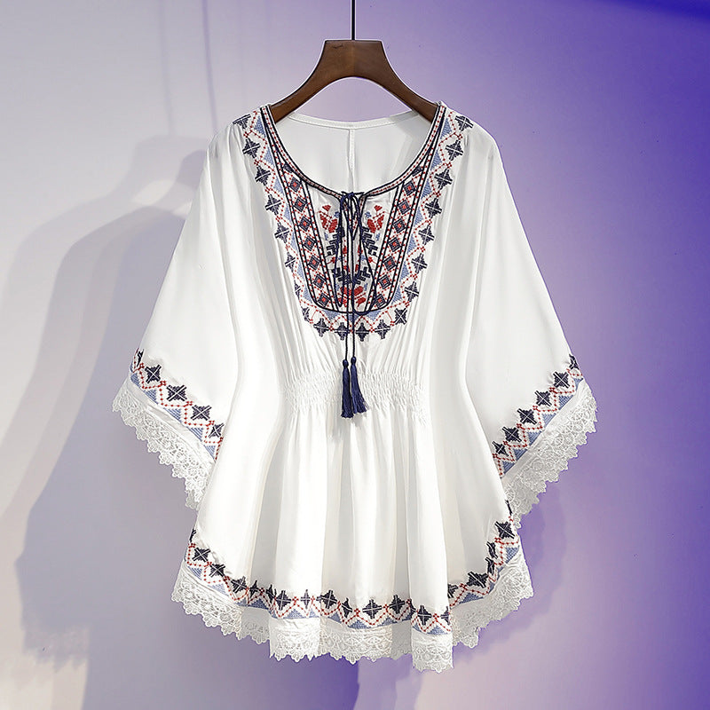 Women's Summer Loose Waist-controlled Top Vintage Printed Chiffon Shirt