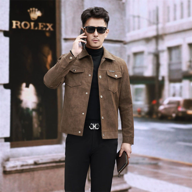 Suede Leather Jacket Men's Slim-fit High-grade Pu Handsome Retro Biker's