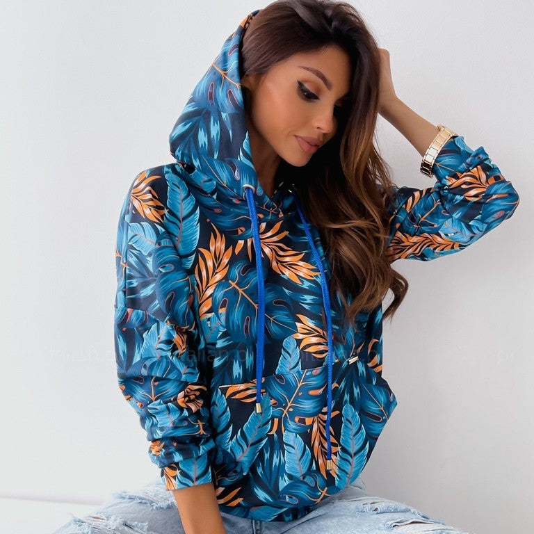 Women's Floral Hooded Rope Pocket Sweatshirt Coat