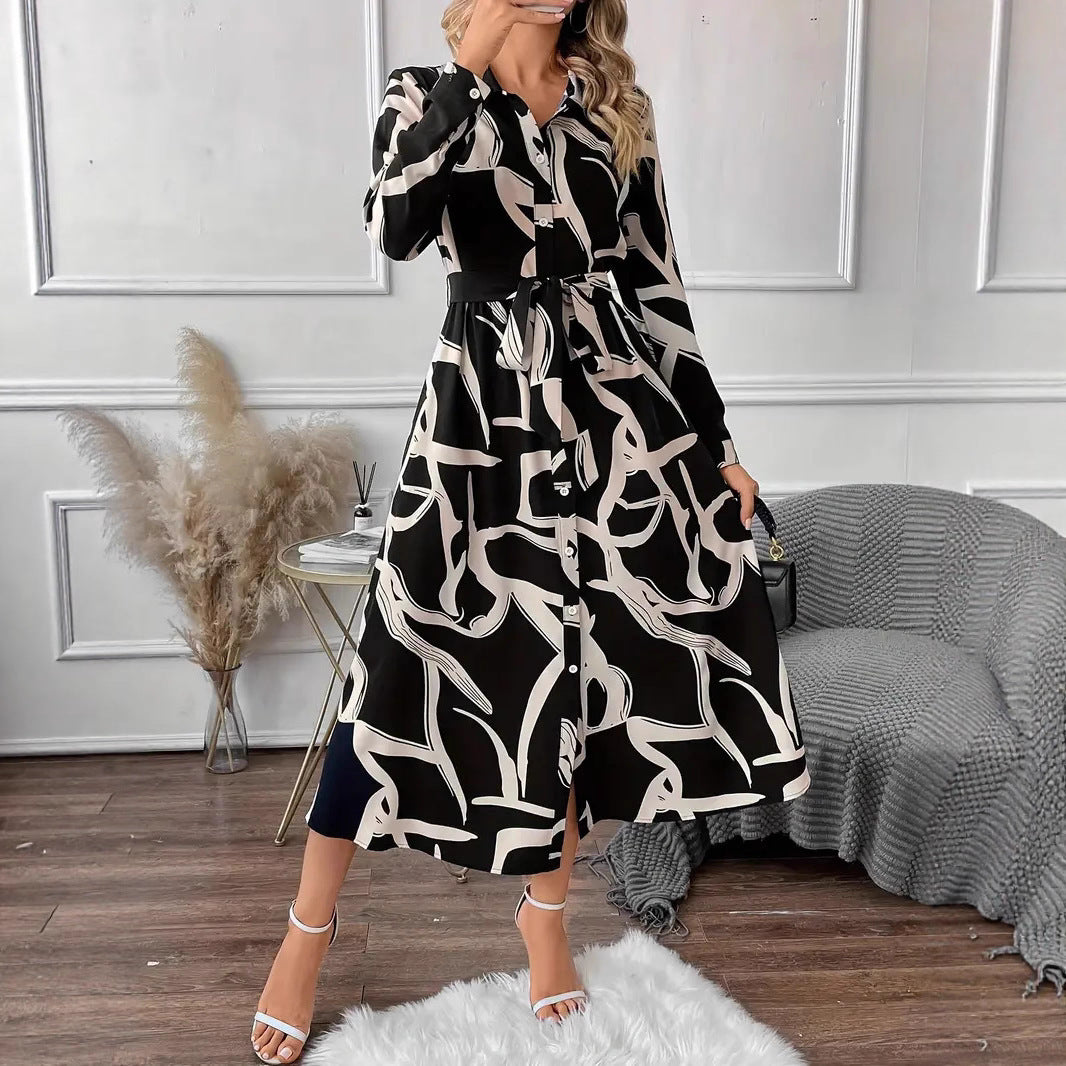 New Elegant Graceful Fashion Polo Collar Printed Long Shirt Dress Women