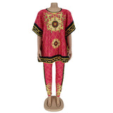 African Plus Size Women's Printed Round Neck Pullover Sweater Stretch Pants Suit