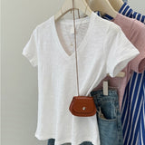 American-style Solid Color Slim-fit V-neck Short-sleeved Top