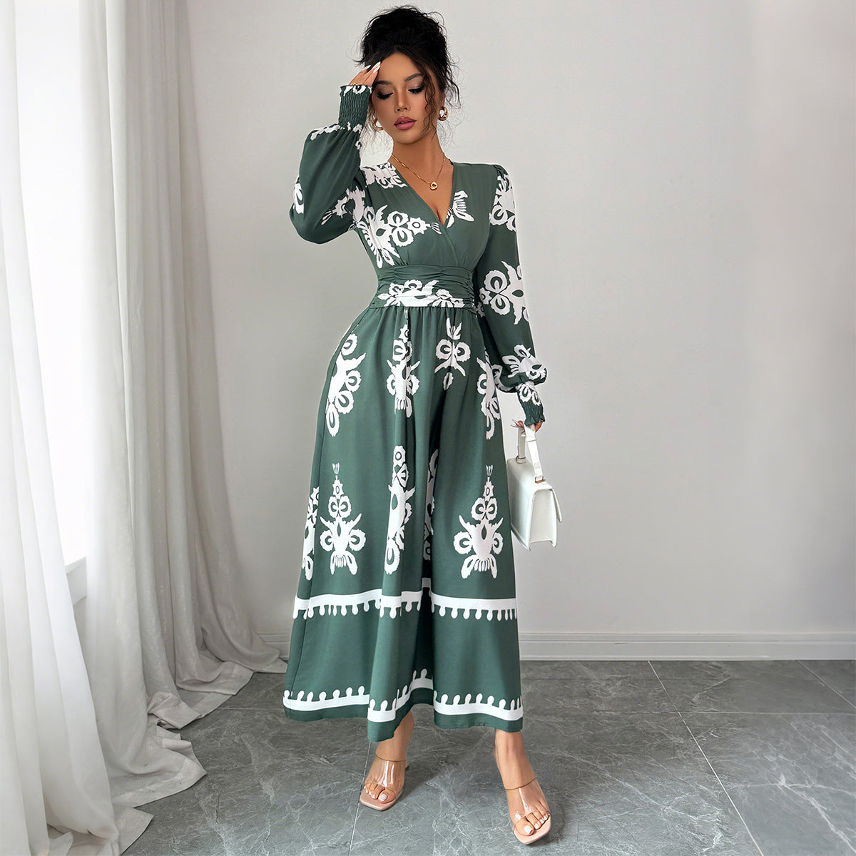 Elegant Style Printed Long Sleeve Dress Women's Clothing