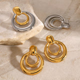 18K Gold Stainless Steel Golden, Round Double Layer Hollow Stud Earrings