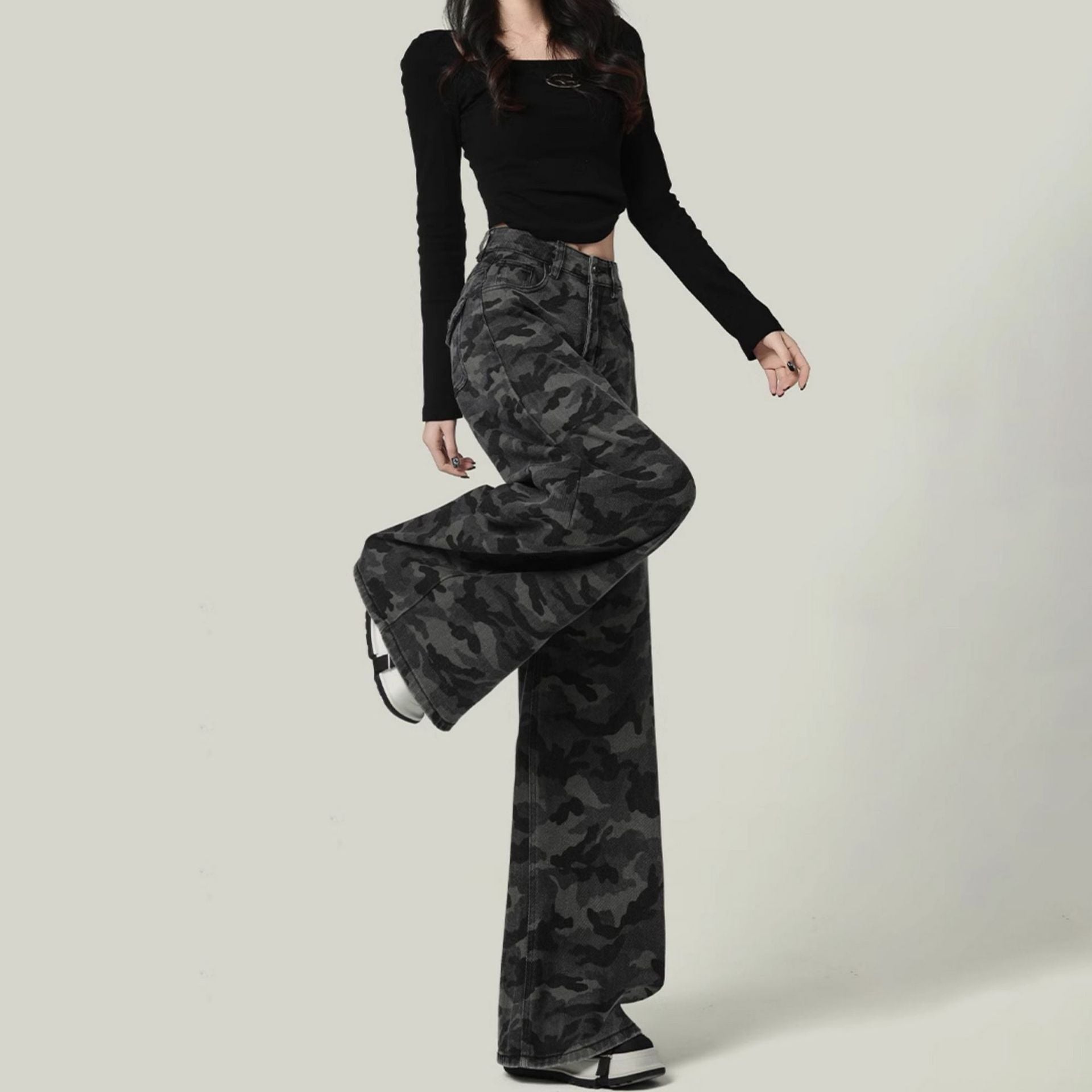 Women's American-style Wide-leg Camouflage Jeans