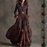 Ins Plaid Print Long-Sleeved Dress Fashion Pockets Collared Buttons Shirt Long Dresses Retro Women's Clothing