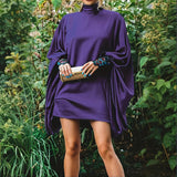 Plus Size Women's Solid Color High Neck Lantern Sleeve Dress - Elegant Evening Gown For Spring&Summer