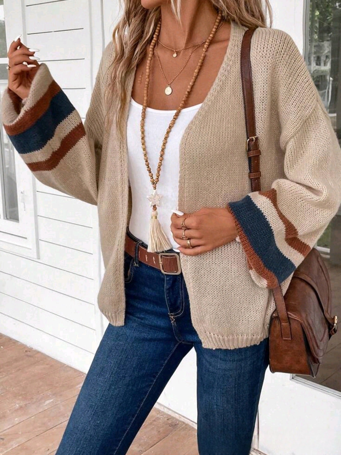 Patchwork Loose Sweater Cardigan Knit Casual Coat