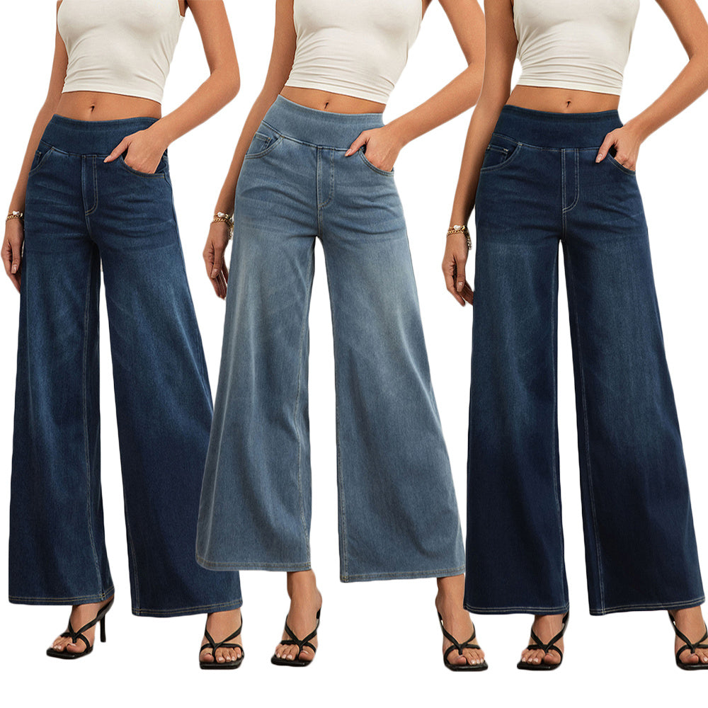 Shascullfites Women's Light Blue Wide Leg Stretch Jeans Flare Pants Denim Straight Trousers Sexy Fit Casual Jeans Women