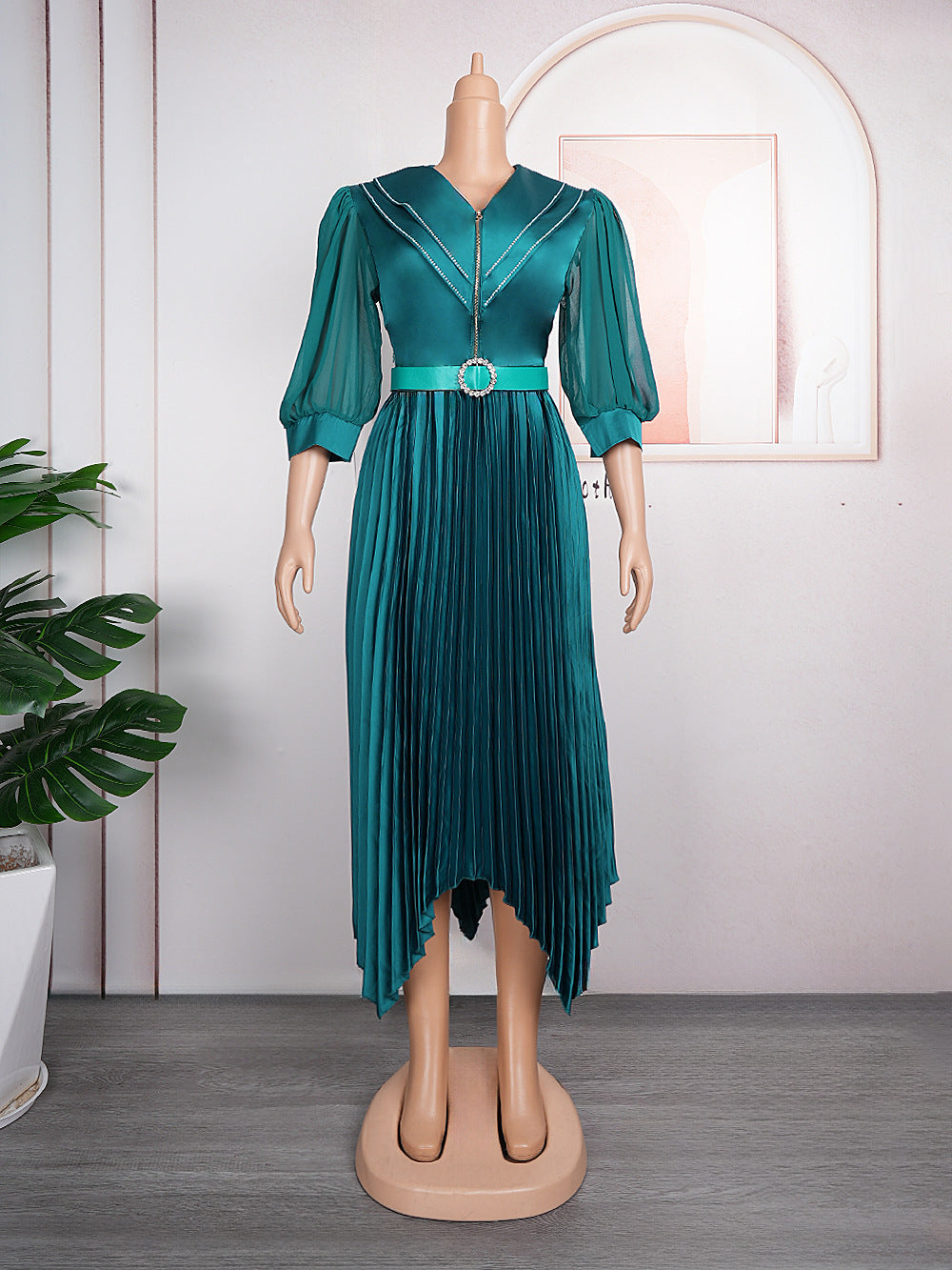 European And American Pleated Skirt Temperament Commute African Women's Wear Plus Size Fat Dress Belt