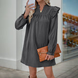 Pure Color Ruffles Long Sleeve Loose Lapel Dress Women