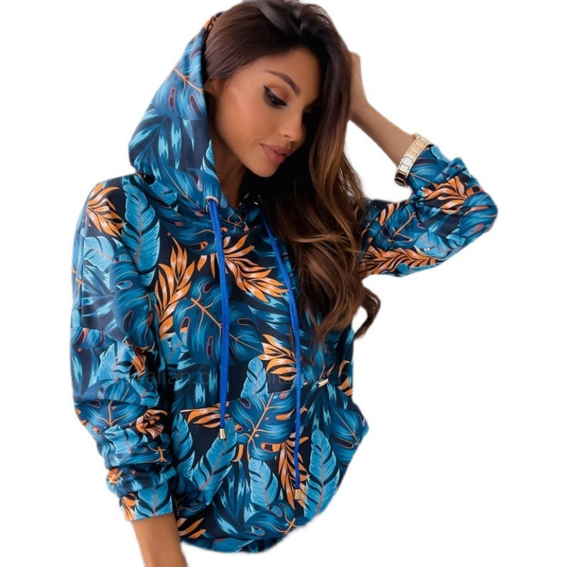 Women's Floral Hooded Rope Pocket Sweatshirt Coat