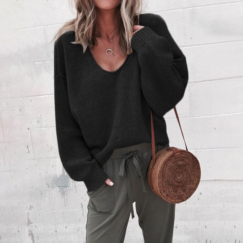 V-Neck Long Sleeve Sweater Casual Fashion Women's T-Shirt