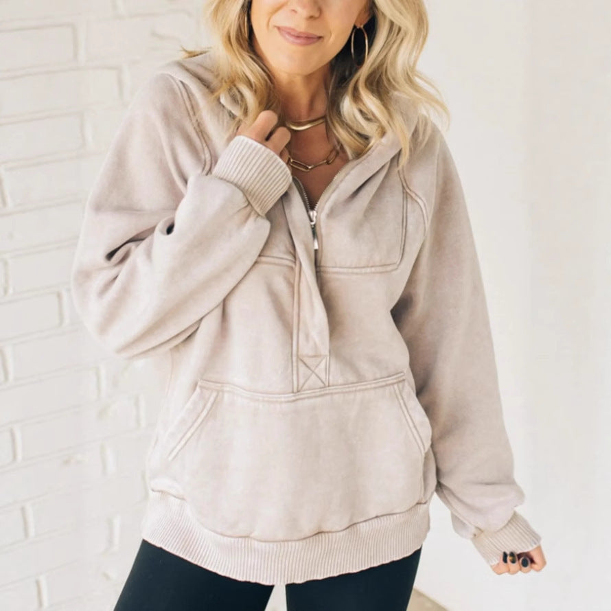 Women's Half Zipper Wash Hoodie Sweatshirt Sweater