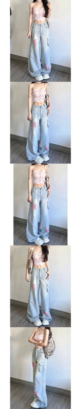 Ripped Cargo Jeans Women's High Waist Baggy Straight Trousers