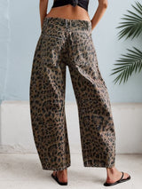 New Women's Leopard Print Curved Knife Jeans, Cut Pants, Built-in Zipper Closure, Mid Waist Jeans