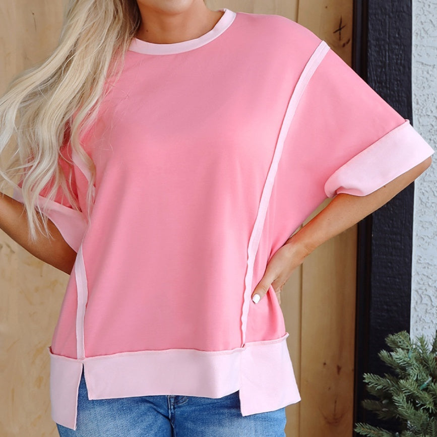 Women's Round Neck Short-sleeved Shirt Loose Casual Slit T-shirt