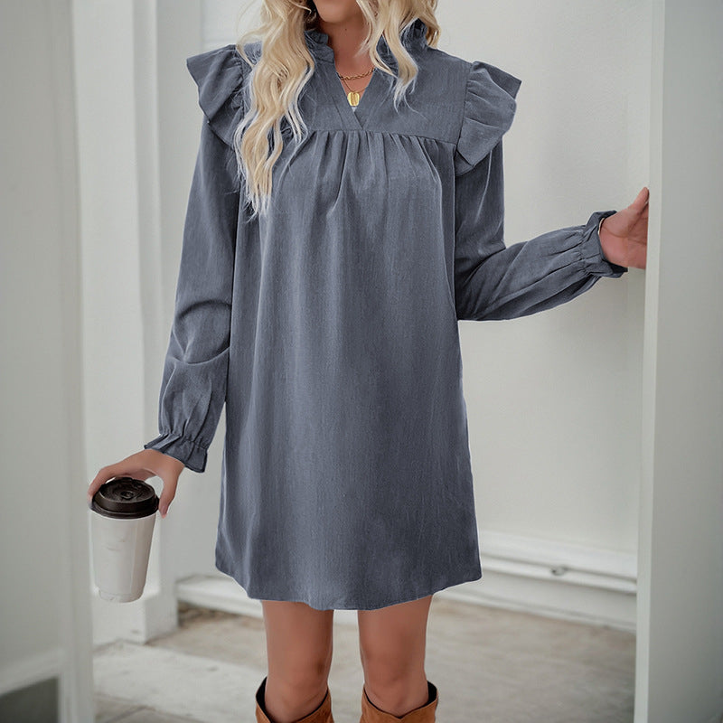Pure Color Ruffles Long Sleeve Loose Lapel Dress Women