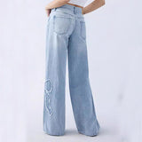 Women's Straight Trousers Embroidered Side Frayed Butterfly Jeans Street Design Hot Girl Baggy Pants