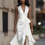 Elegant Deep V-neck Irregular Women's Ruffled Ruffled Evening Dress Gowns Solid Color Lace-up High Waist Satin Party Dresses Wedding Guests Dress