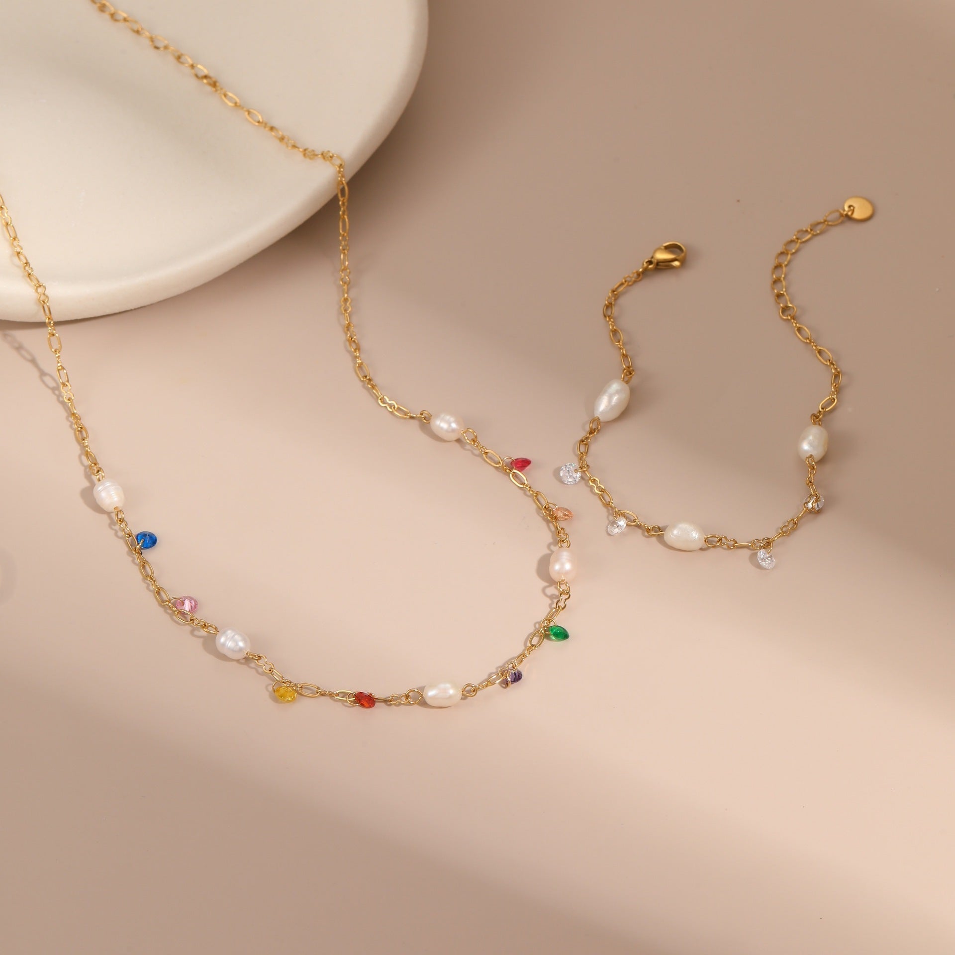 European And American Ins Freshwater Pearl Necklace Color Zircon Titanium Steel Bracelet