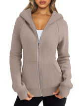 Women's Zipper Short Hood Fleece Lined Solid Color Hoodie Sweater
