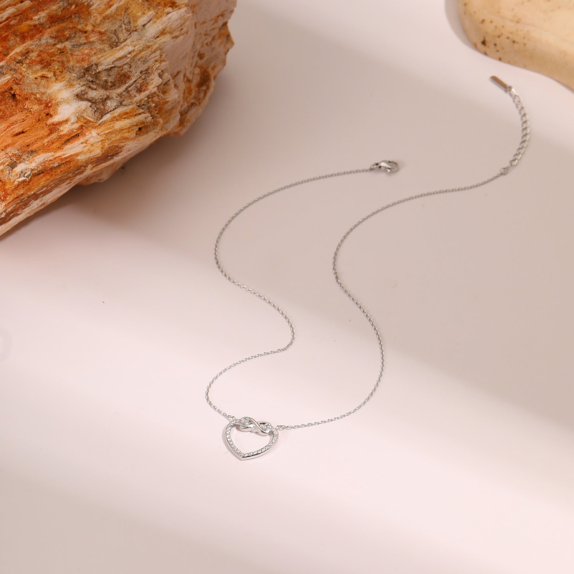 European And American Hollow Heart Shape With Diamond Pendant Stainless Steel Necklace