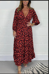 Women's Fashion High Waist V-neck Floral Dress