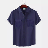Solid Color Patchwork Linen Cardigan Short Sleeve Loose Lapels Men's Shirt