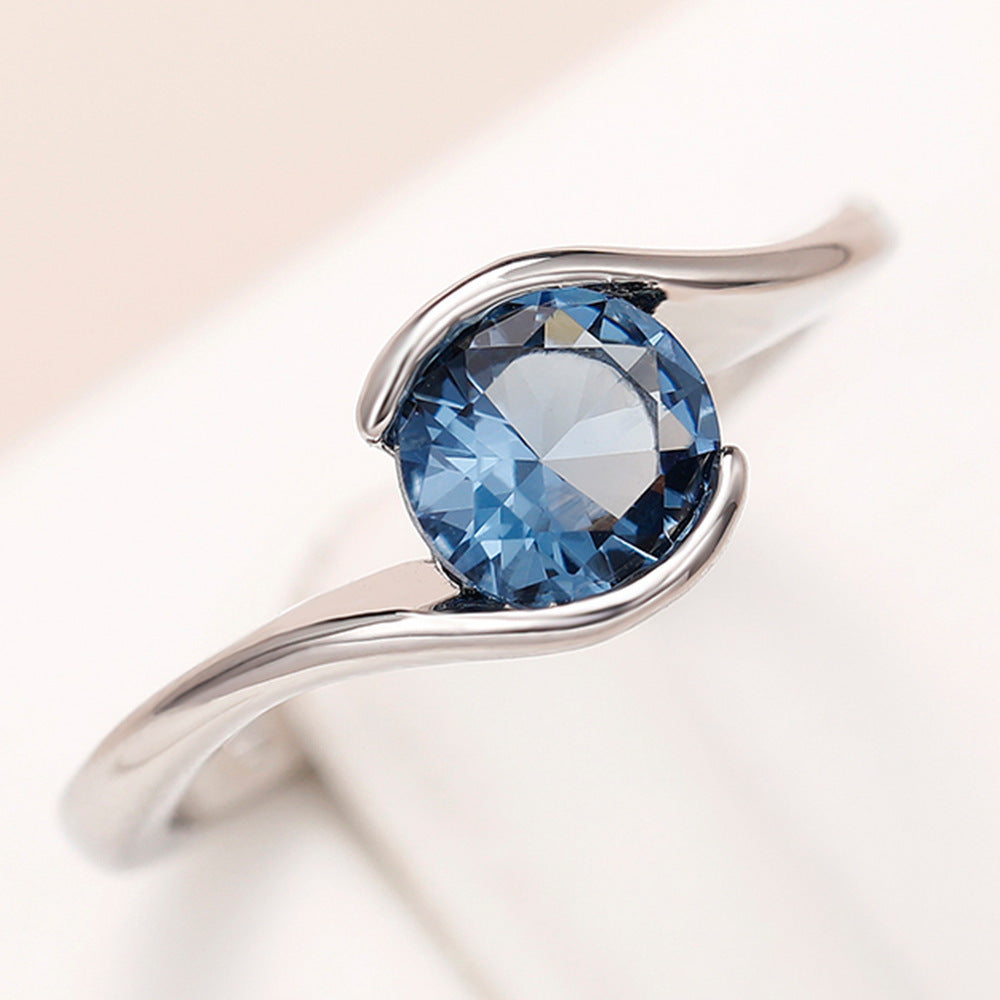 Fashion Twisted Arm Blue Round Diamond Zircon Topaz Simple Women's Ring