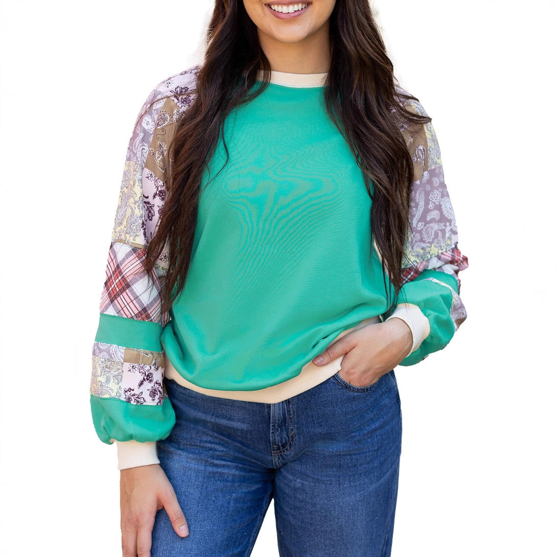 Floral Patchwork Loose Round Neck Sweater Casual Loose