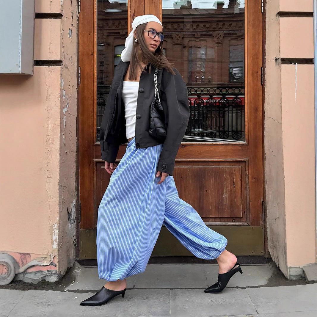 Elastic Waist Striped Loose Lantern Trousers
