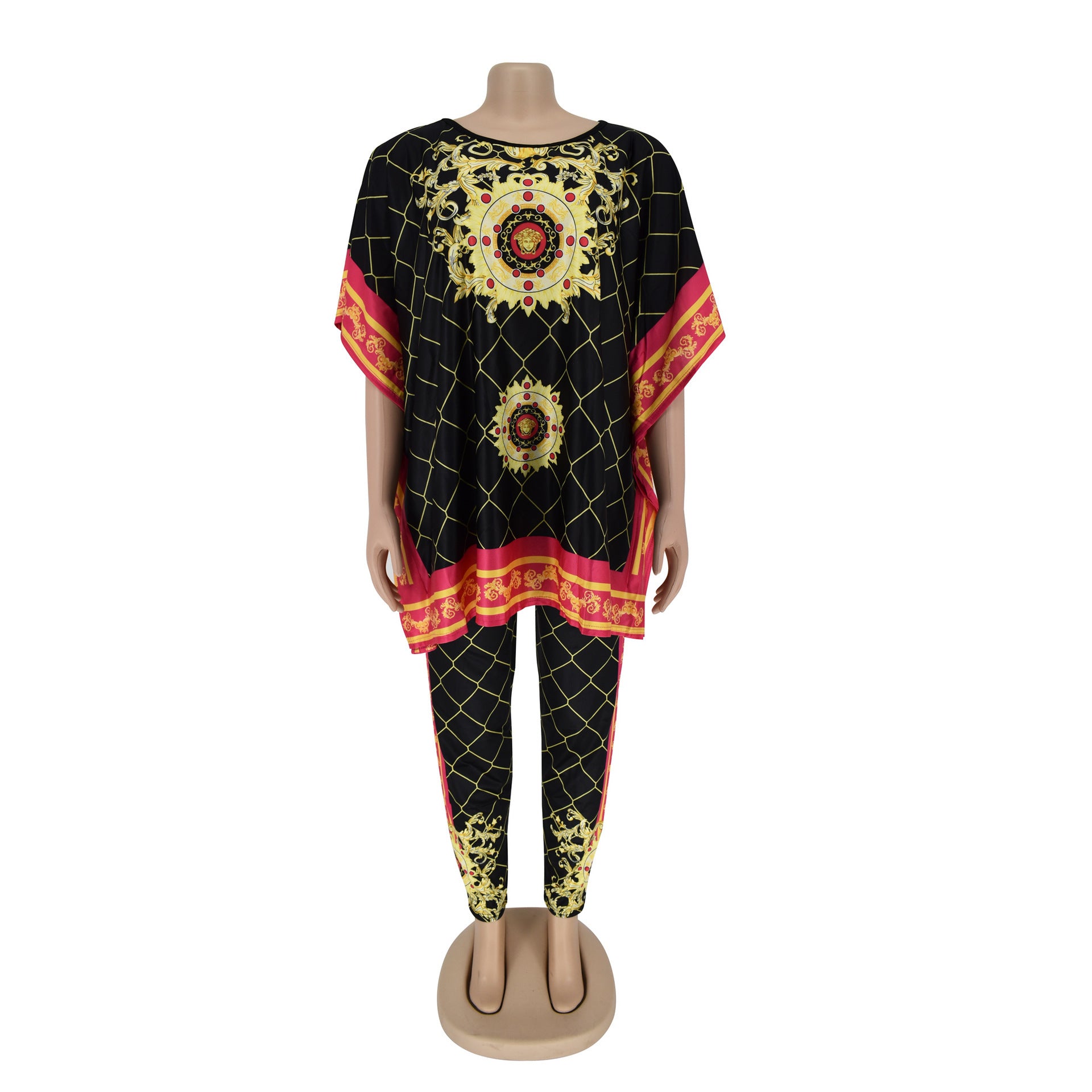African Plus Size Women's Printed Round Neck Pullover Sweater Stretch Pants Suit