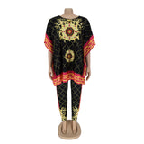 African Plus Size Women's Printed Round Neck Pullover Sweater Stretch Pants Suit