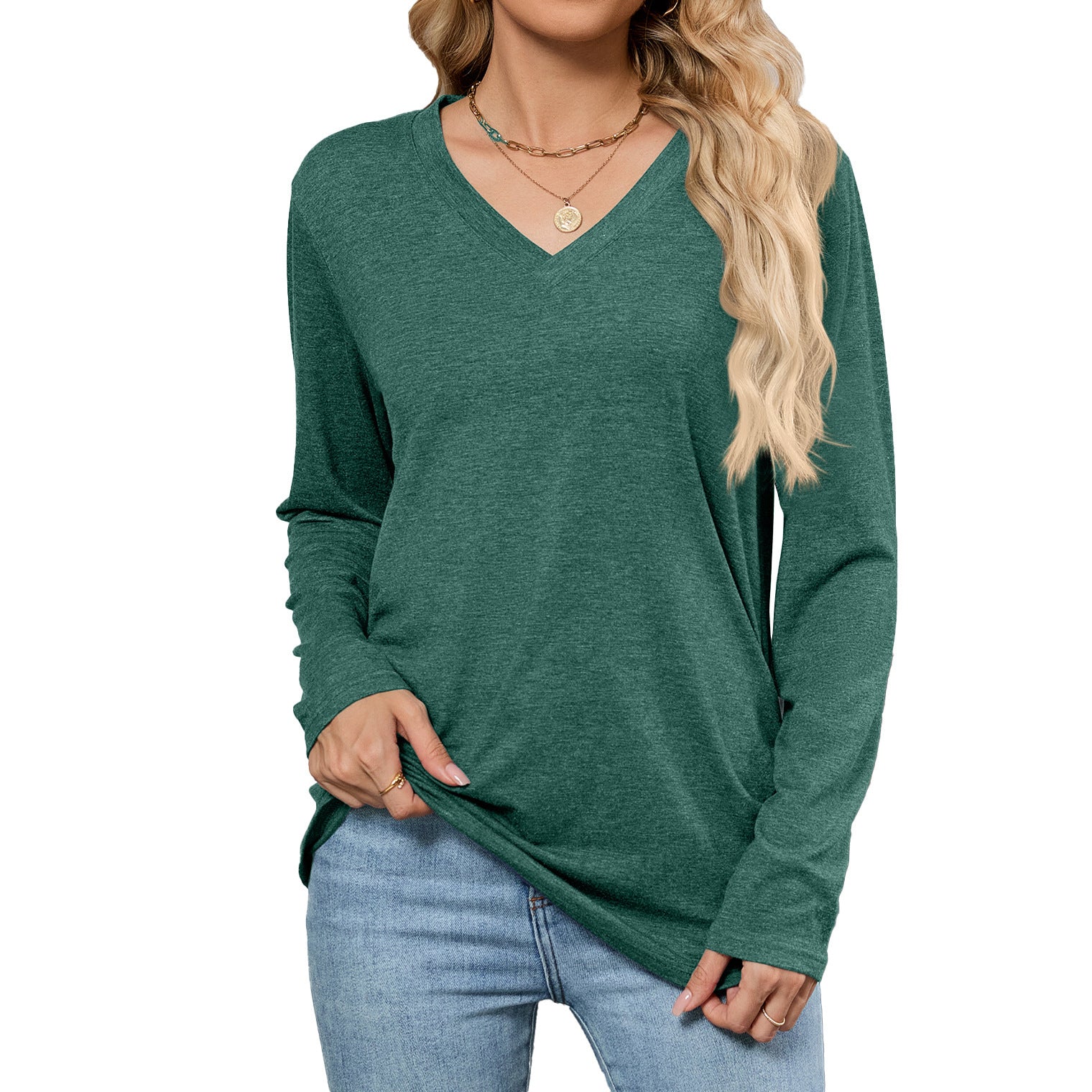 Leisure Pullover V-neck Solid Color Loose Long Sleeves